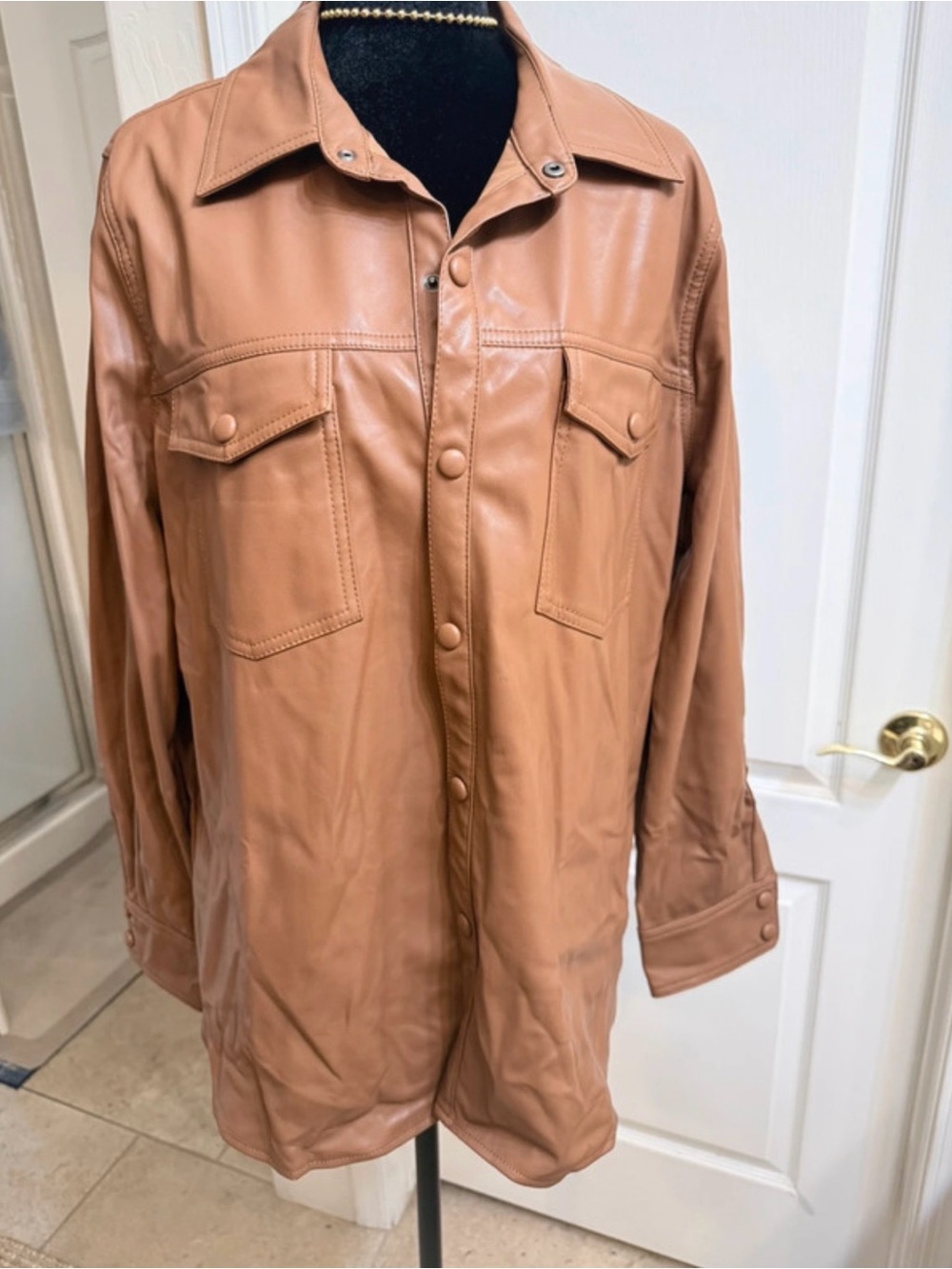 Zenana Outfitters Tan Button-Down Faux Leather Shirt Jacket